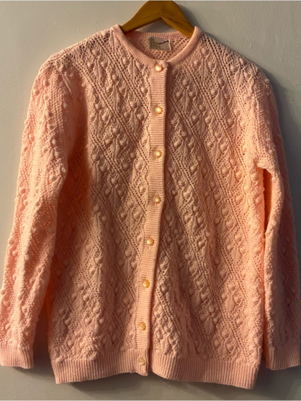 VINTAGE Coquette Pastel Pink Bobble Cardigan 60’s 70’s Sidney Gould Pointelle M - Picture 2 of 7
